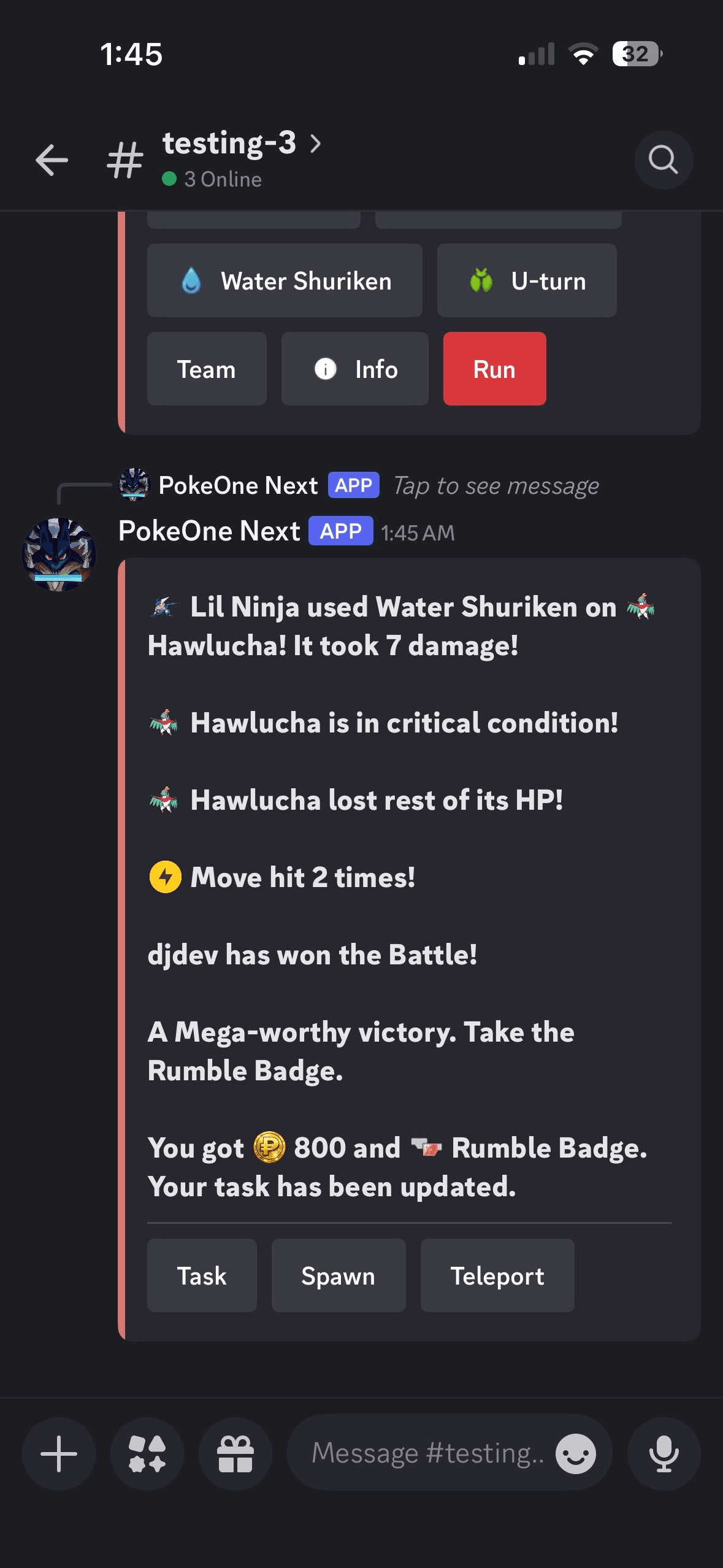 Mobile Discord screenshot showing a secondary gym battle scene.