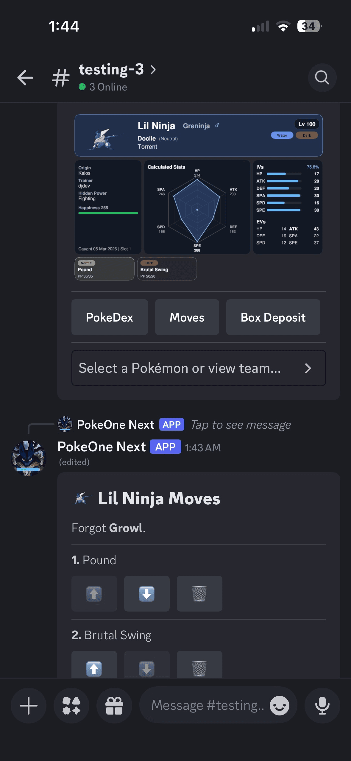 Mobile Pokemon info screen shown inside Discord.